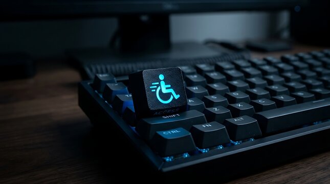 Close up of mechanical keyboard with accessibility symbol