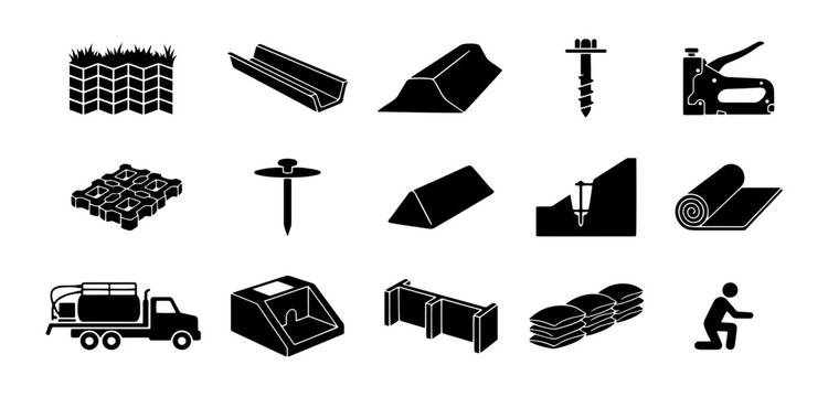 Industrial erosion control icons, 15 black vector symbols for soil stabilization and landscaping, civil engineering construction equipment set