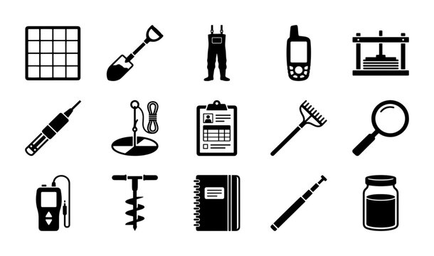 Scientific soil sampling icons, 15 black vector elements for geology and agriculture research, environmental field work equipment set