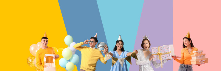 Naklejka premium Celebration and party planning, diverse group of friends with gifts and balloons having fun together against a colorful geometric background