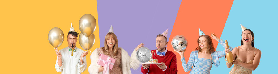 Naklejka premium Celebration and party lifestyle diverse group of friends having fun with balloons birthday cake disco ball and champagne on colorful background