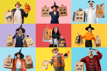 Naklejka premium Halloween shopping and party preparation, diverse people in costumes holding festive gift bags and decorations on colorful backgrounds