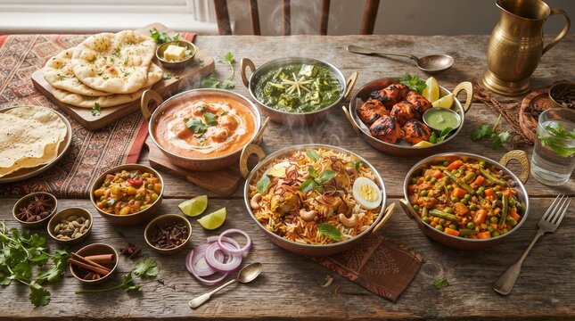 Abundant Indian food spread with various curries naan and rice dishes perfect for restaurant menus food blogs and culinary presentations