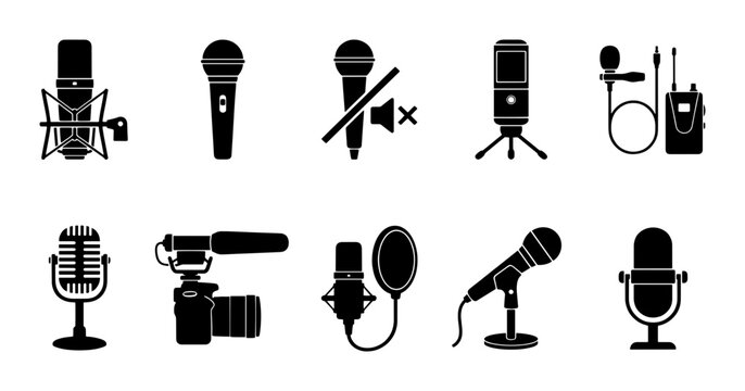 Professional microphone icon set, black audio equipment silhouettes, 10 podcast and recording studio vector elements for media production