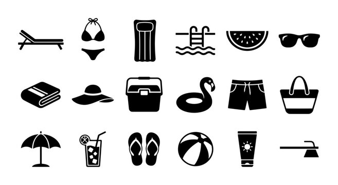 Summer beach icons set, 18 black vector vacation symbols, tropical holiday travel graphics, pool and sun accessories collection