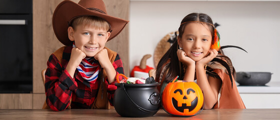 Naklejka premium Halloween celebration children in costumes with candy buckets at home trick or treat tradition happy kids enjoying autumn holiday festivities
