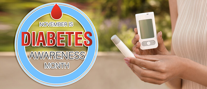 Diabetes awareness month, blood glucose monitoring and health management, woman checking sugar levels with a digital glucometer for chronic disease care