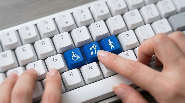 Hands typing on keyboard with accessibility icon keys