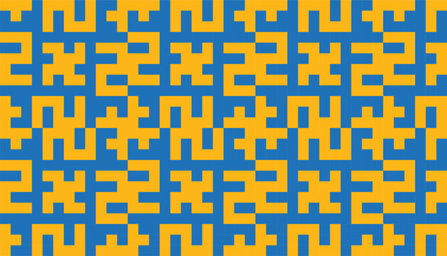 Abstract royal blue and gold yellow geometric seamless pattern with repeating stepped pinwheel meander maze interlocking block grid for background, modern retro textile, or packaging design.