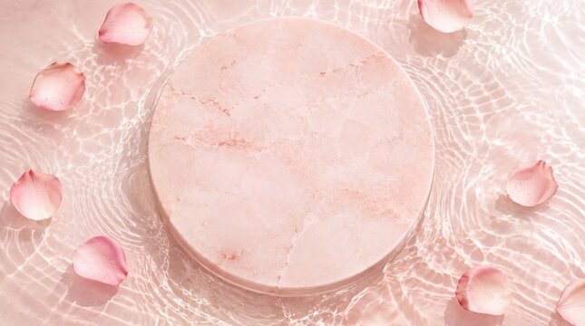 Round pink marble podium in clear water with pink rose petals