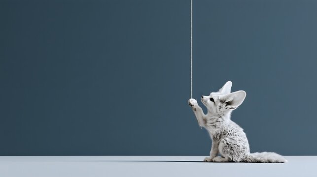 Cute baby fennec fox playing with a string on a dark blue background, playful and adorable