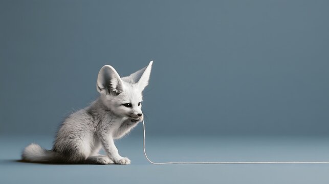 Cute baby fennec fox biting a string on a dark blue background, playful and adorable