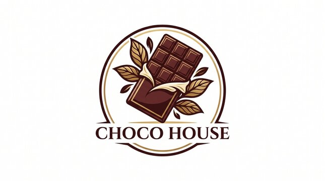 Elegant Chocolate Bar Logo Emblem Featuring Organic Cocoa Leaves For Premium Confectionery Branding And Gourmet Dessert House Identity