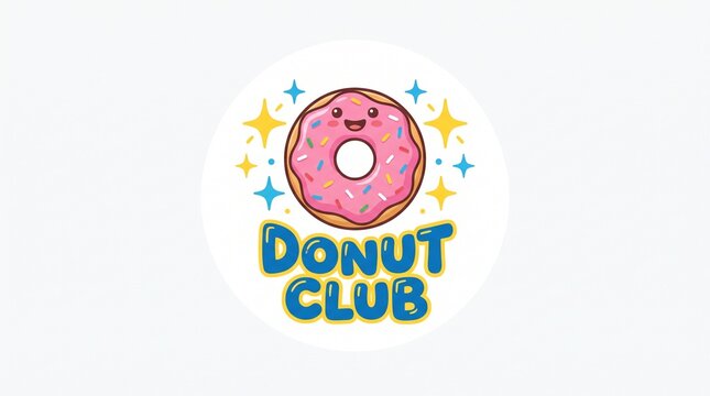 Cute kawaii pink donut with sparkles and blue text logo design for bakery or sweet club