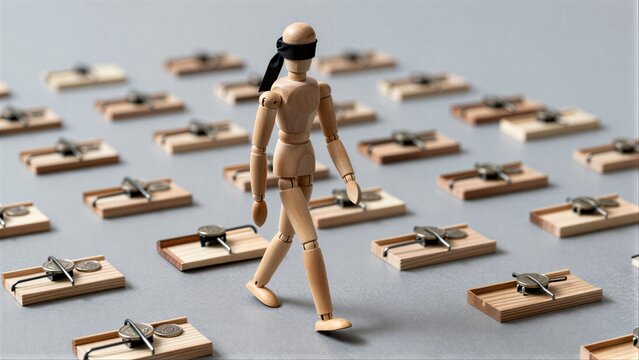 Blindfolded wooden figure walks through traps, symbolizing risk and uncertainty.