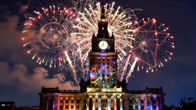 Fireworks explode above a grand clock tower, illuminating the night sky.