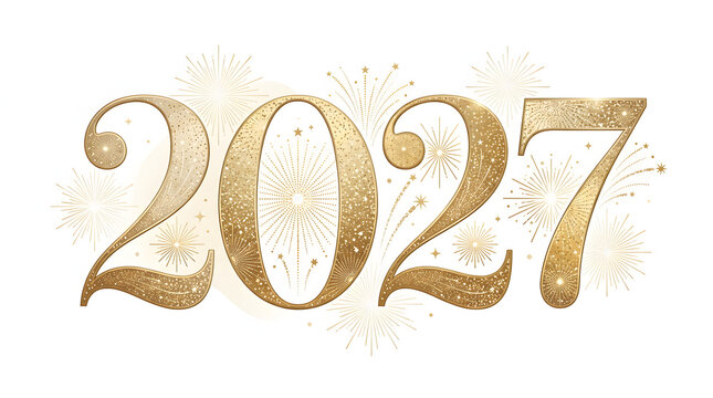 Glittering gold numbers and light bursts create a festive holiday background for 2027 designs. Suitable for new years promotions and party invitations.