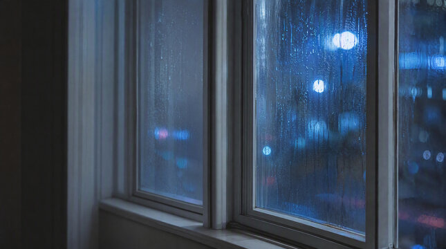 雨粒が濡れる夜の窓ガラスと街の光