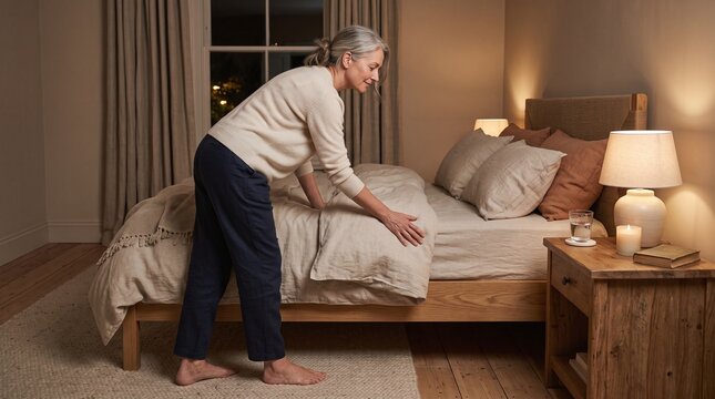 Senior woman tucking in bedsheets in a cozy bedroom with warm night lighting and calm atmosphere