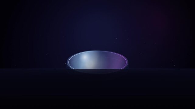 Iridescent sphere rises from a dark surface against a gradient nebula background rising