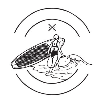 Woman Holding Paddle Board Walking in Waves Illustration.