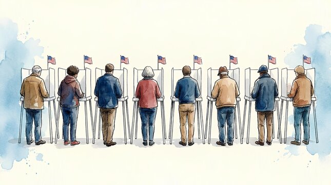 People standing in line at voting booths with flags.