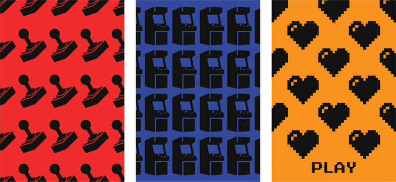 Retro video game seamless patterns set with pixel art