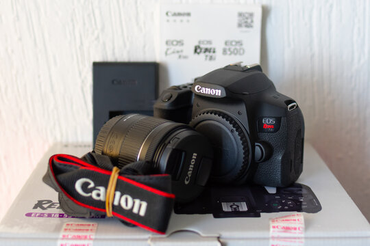 ZAPOPAN, MEXICO - SEPTEMBER 10, 2026: Canon EOS Rebel T8i camera with EF-S 18-55mm lens.