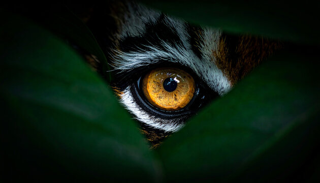 Extreme Close Up of Golden Tiger Eye Peering Through Dark Tropical Green Leaves