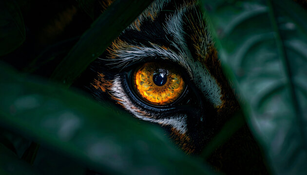 Extreme Close Up of Golden Tiger Eye Peering Through Dark Tropical Green Leaves2
