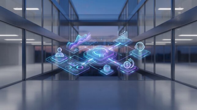Glowing futuristic hologram workflow diagram suspended in modern office interior setting
