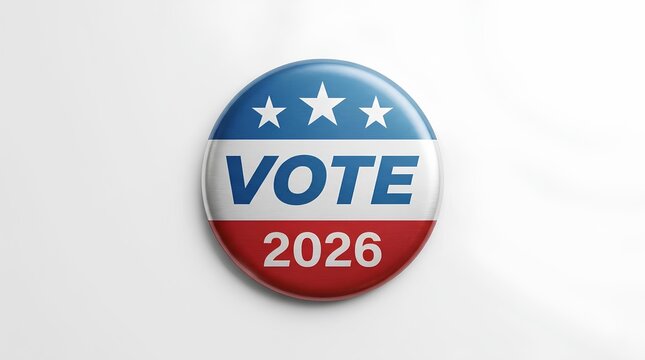 Round patriotic pin badge with Vote 2026 text and stars.