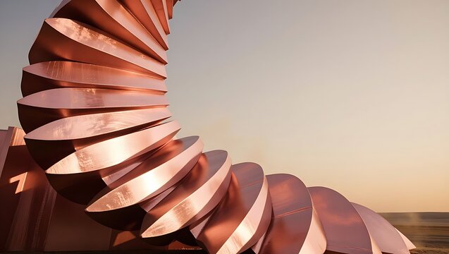 A spiraling sculpture made of curved, rose-gold colored metal segments forms a helix-like structure against the warm hues of a sunset.