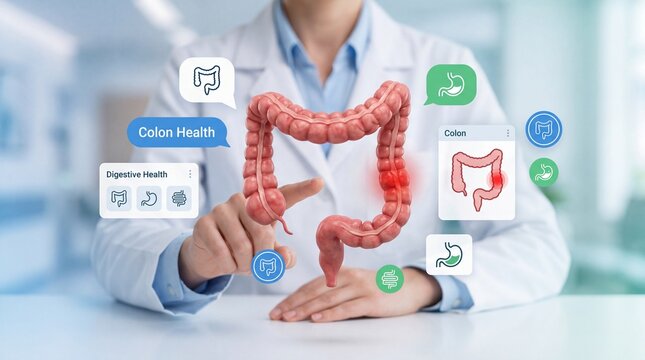 Doctor interacting with a 3d hologram of the human colon to analyze digestive health data with healthcare professional uses digital interface examine 3D model human large intestine