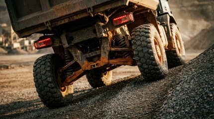 Fototapeta premium Autonomous truck climbing a gravel ramp with mud-caked suspension, heavy tread, and rear lights on rugged terrain.