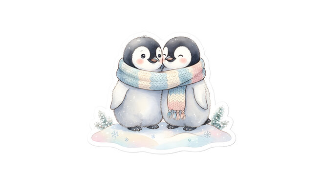 Two cute little penguins hugging each other with love and affection