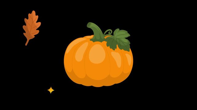 Animated pumpkin with flying oak leaf on black background
