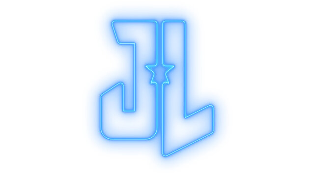 Colorful neon glowing monogram logo icon of letters j and l with a five point star in the center modern graphic design isolated on transparent background