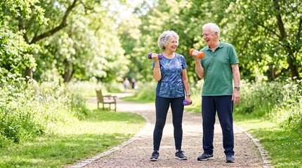 Fototapeta premium Happy senior couple exercising with dumbbells in a park on a sunny day