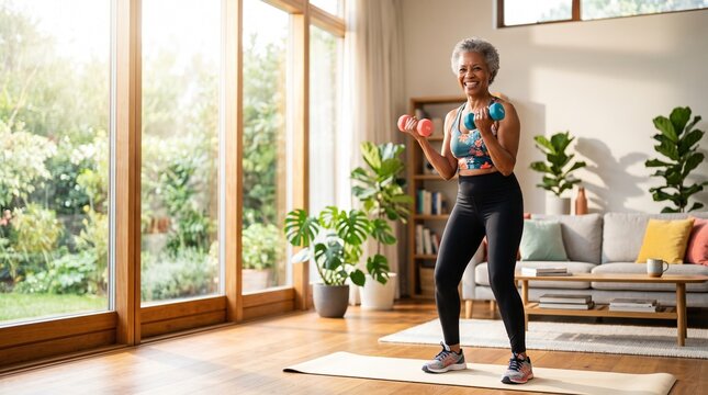 Active senior woman exercising with dumbbells at home in a bright living room with large windows and plants