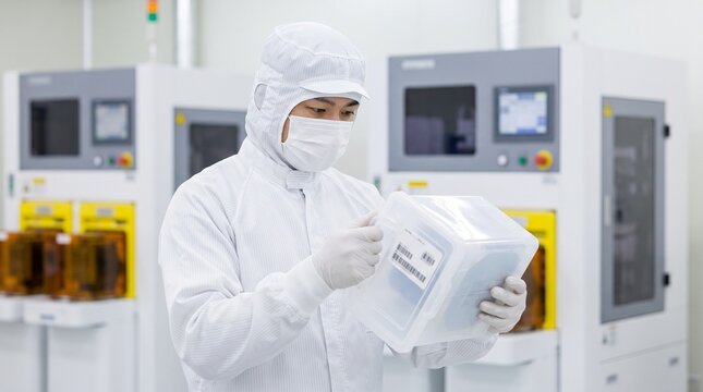 半導体工場のクリーンルームでキャリアの識別確認と検査を行う日本人男性の品質管理技術者