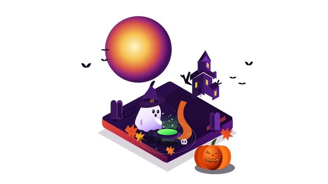 Cute Isometric Animated Halloween Scene with Ghost Brewing Potion and Haunted House, Seamless Loop for Holiday Social Media.