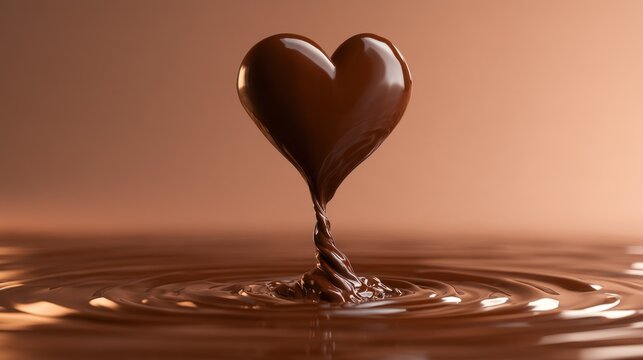 Glossy milk chocolate heart shape rising from rippled liquid chocolate surface with twisting flow column on warm brown