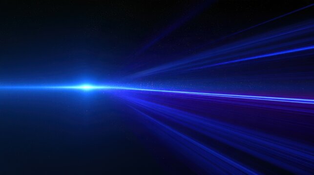 Abstract blue light speed streak horizontal beam with bright center point and particles in dark cosmic space background