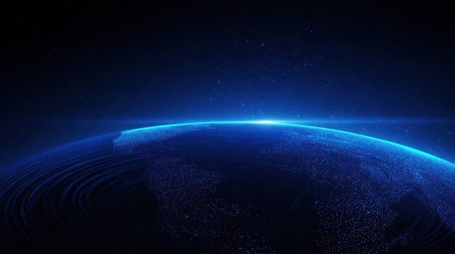 Digital planet earth curve made of glowing blue particles and data network over dark space with starry sky background