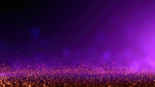 Pink purple bokeh light dots scattered above glowing reflective ground on dark abstract background for festive mood