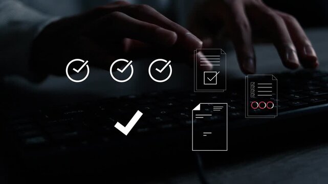 Automated document approval and quality control concept, a professional verifies and manages digital paperwork on a laptop using a smart system before final task delivery. DMS concept.