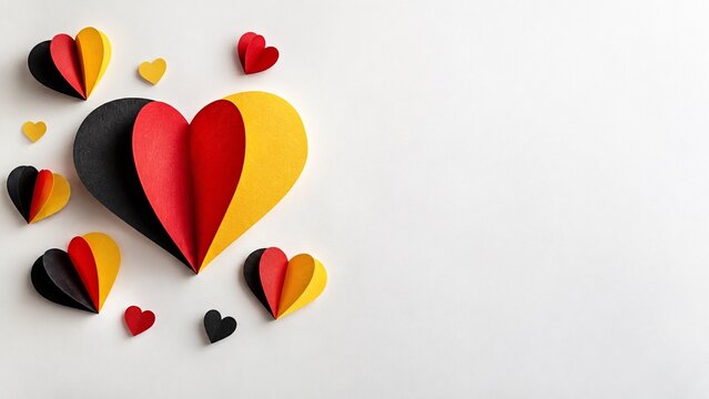 Flat lay composition of origami paper hearts in black, red, and gold arranged on a white surface for German Unity Day.