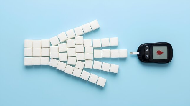 Sugar cubes forming hand shape reaching for blood glucose monitor.