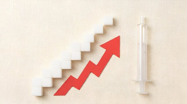 Sugar cubes rising graph with red arrow and syringe.